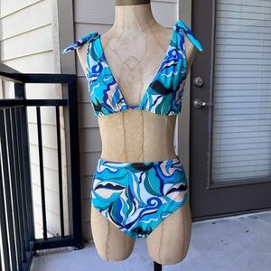 Blue and White Patterned Bikini Set